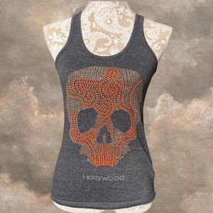 Hollywood Skull Rhinestone Tank Top Gray Racerback Rock Graphic Tee M